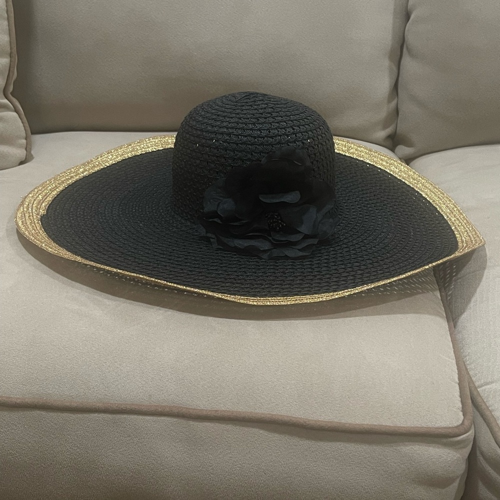 Apt 9 Floppy Straw Beach Sun Hat With Flower Vacation Summer Gold Black One Size - Picture 5 of 8